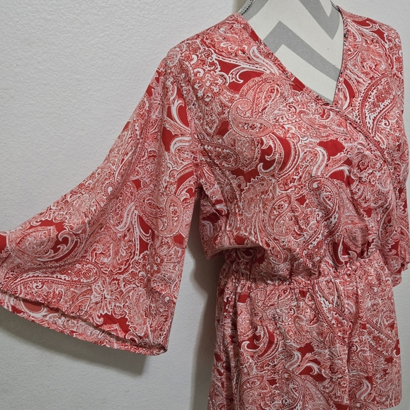 Elan Red Paisley Boho Romper Surplice V-Neck Long Sleeve Elastic Waist Medium - Picture 7 of 16
